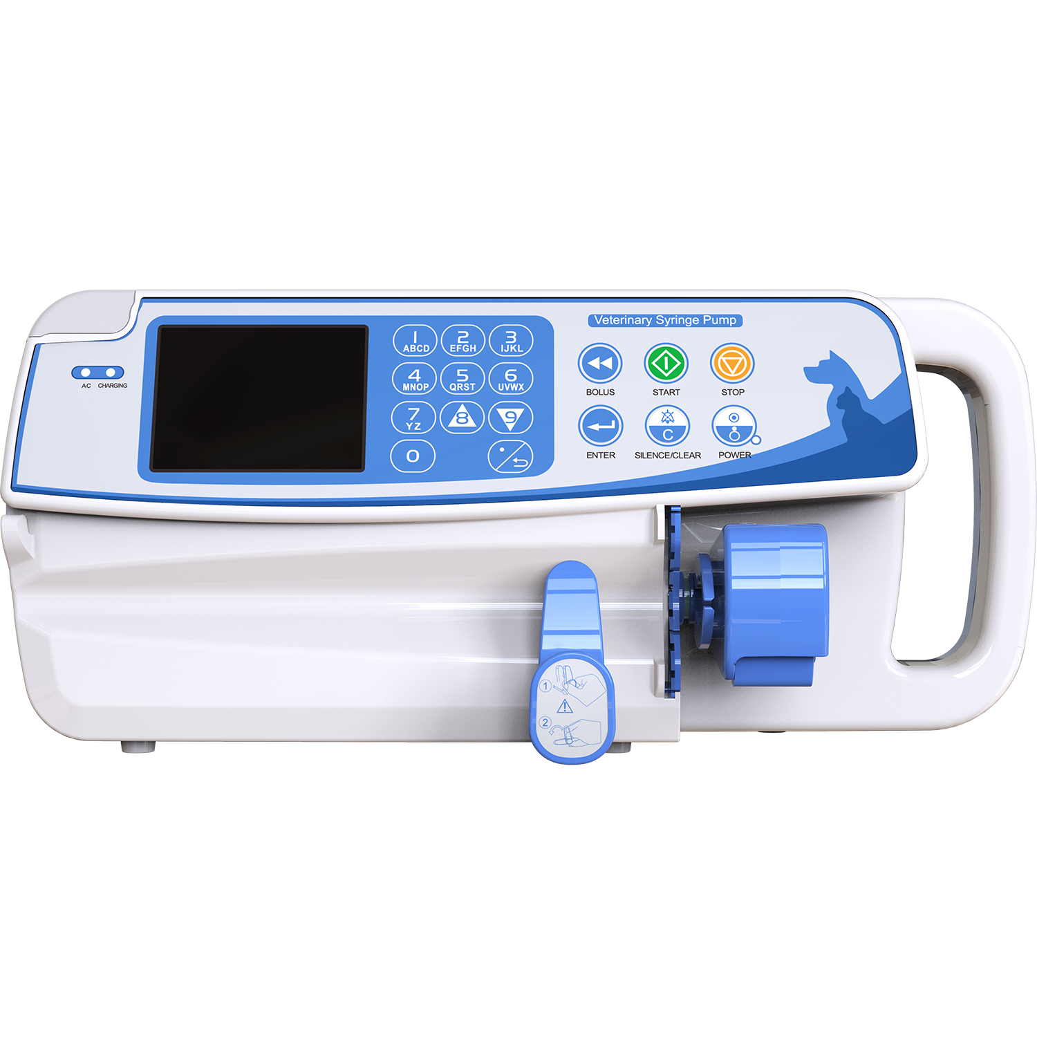 Syringe Pump LUMA_SP01 — front view with TFT display and tactile keypad