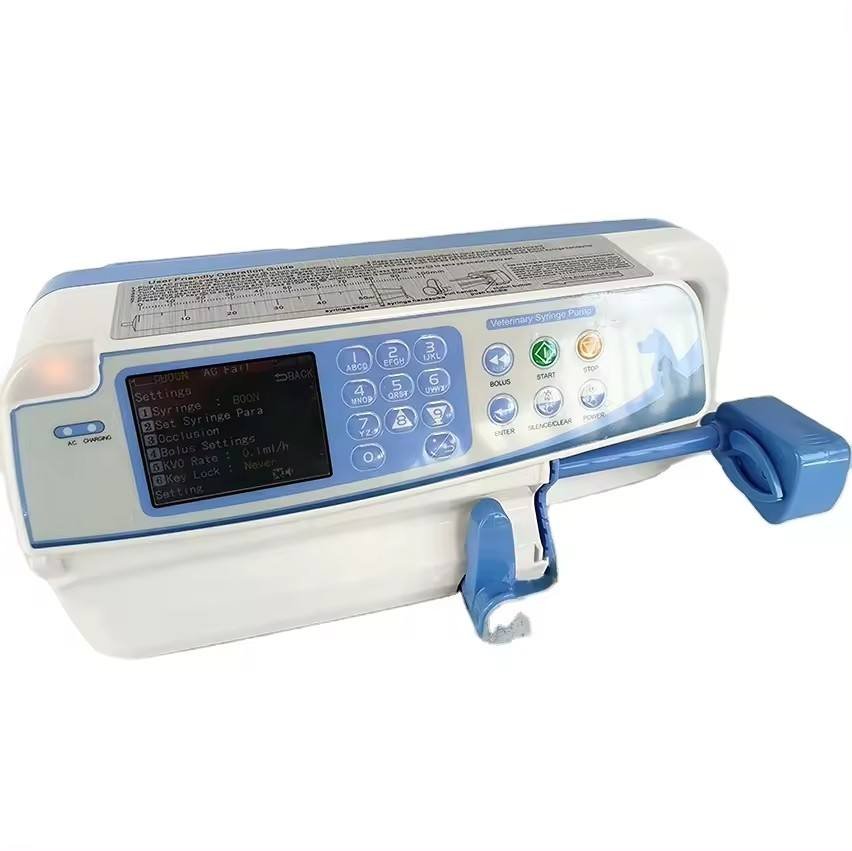 LUMA-SP01 syringe pump — side view with settings menu and syringe carriage assembly