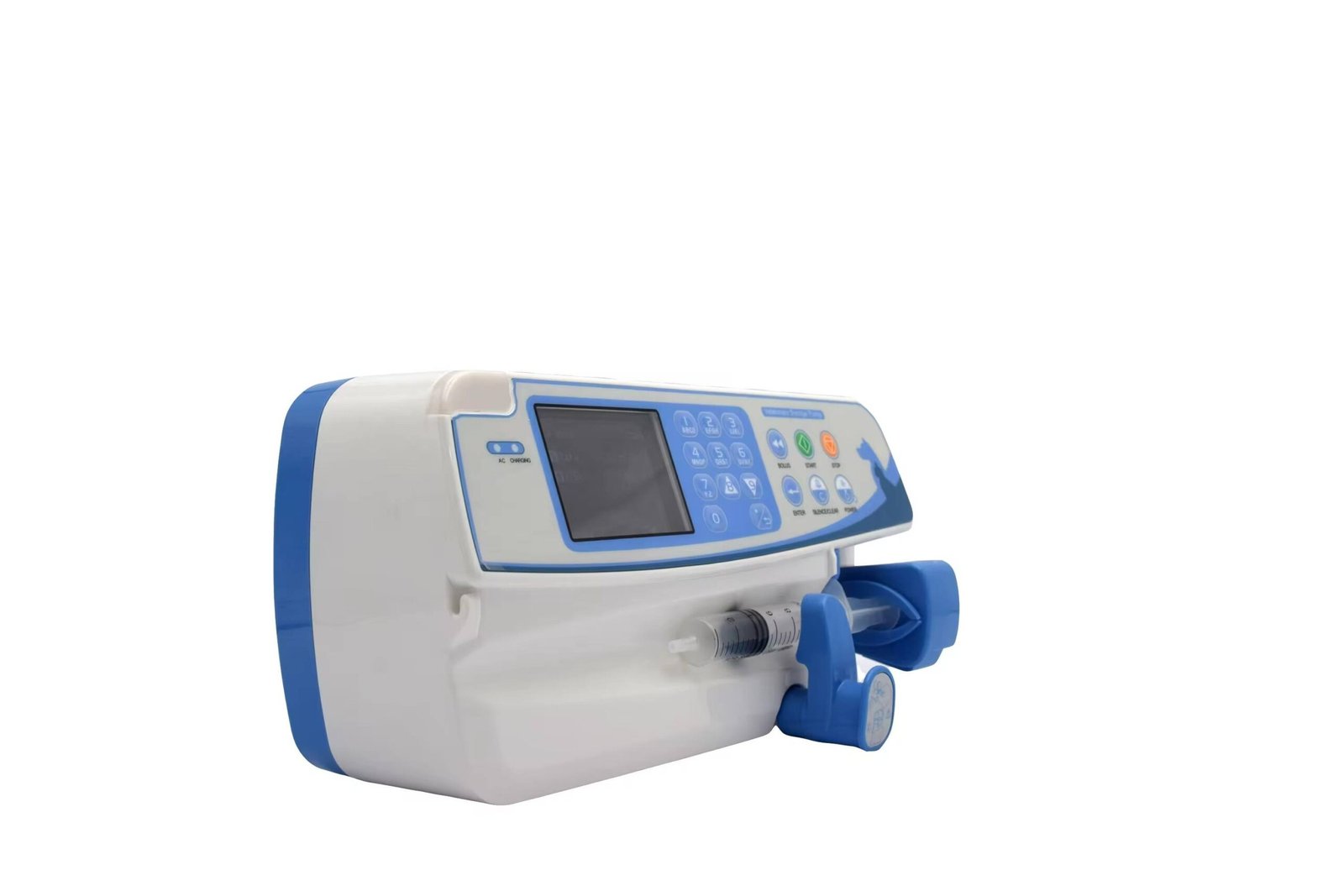 LUMA-SP01 syringe pump — three-quarter view showing loaded syringe with thumb-grip retainer
