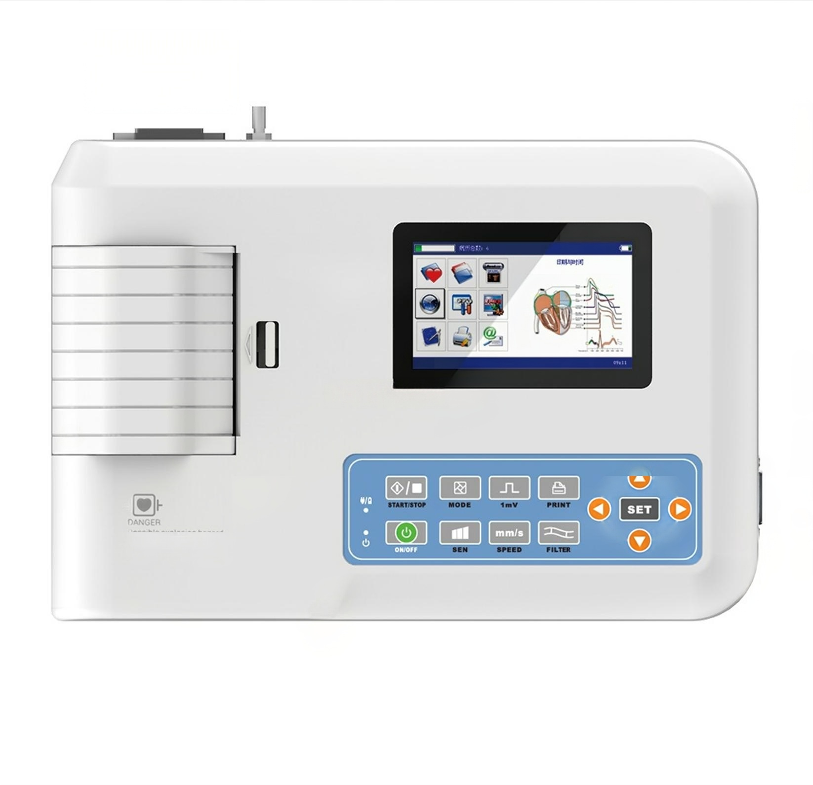ECG300G front panel - thermal recorder paper bay, colour LCD menu and dedicated START/STOP, MODE, 1mV, PRINT, SEN, SPEED and FILTER keys