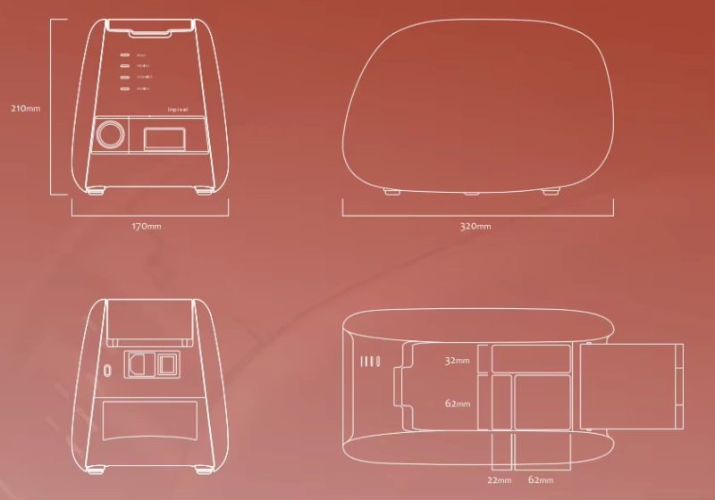 IDEN-CR01 dimensions diagram — 320 × 210 mm footprint with imaging plate slot detail