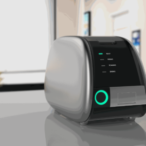 IDEN-CR01 dental CR image plate scanner — silver desktop unit in dental clinic environment