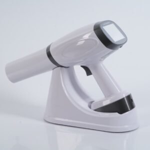 IDEN-X2 handheld dental X-ray unit with charging dock — touchscreen display visible