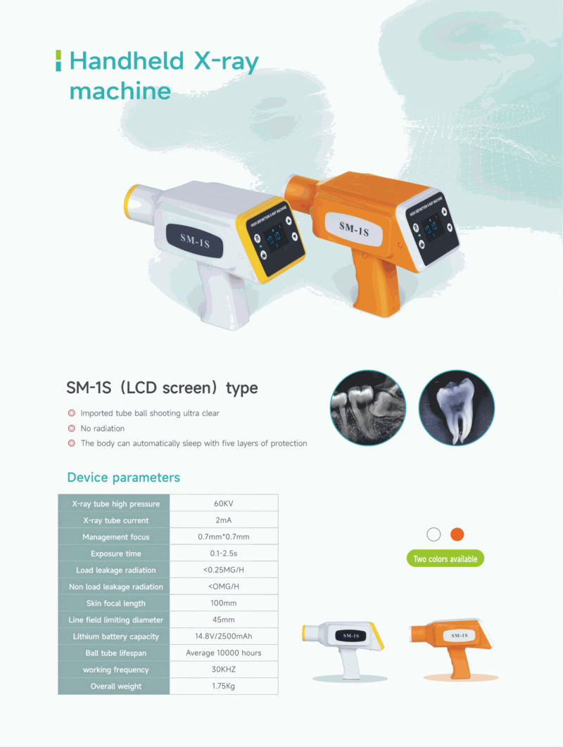 IDEN-X4 specification brochure — SM-1S handheld dental X-ray unit, two colour options