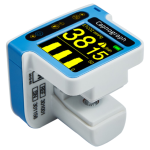 IWA-CAPNO-E compact mainstream veterinary capnograph IWA-CAPNO-E compact mainstream veterinary capnograph mounted on an airway adapter, 1.4-inch colour display showing EtCO2 value and capnogram