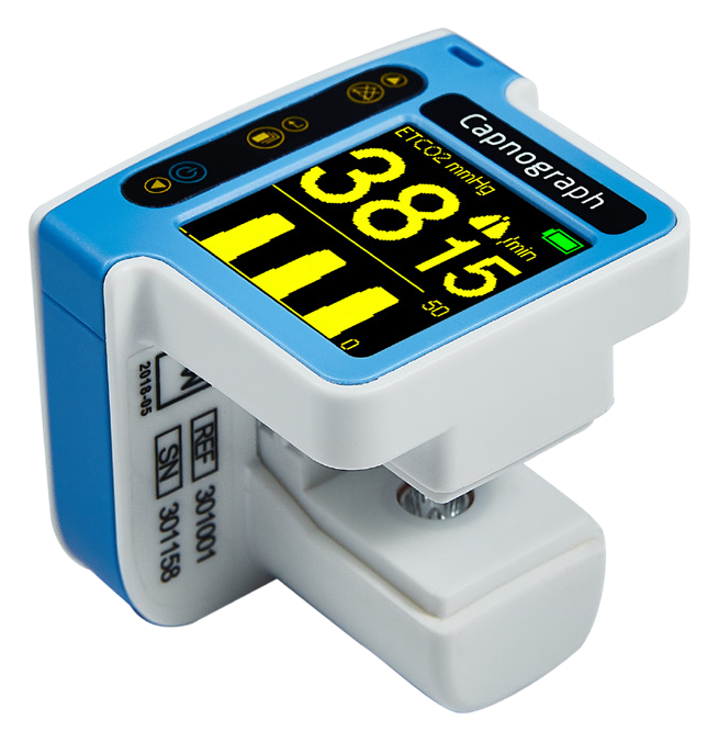 IWA-CAPNO-E compact mainstream veterinary capnograph mounted on an airway adapter, 1.4-inch colour display showing EtCO2 value and capnogram