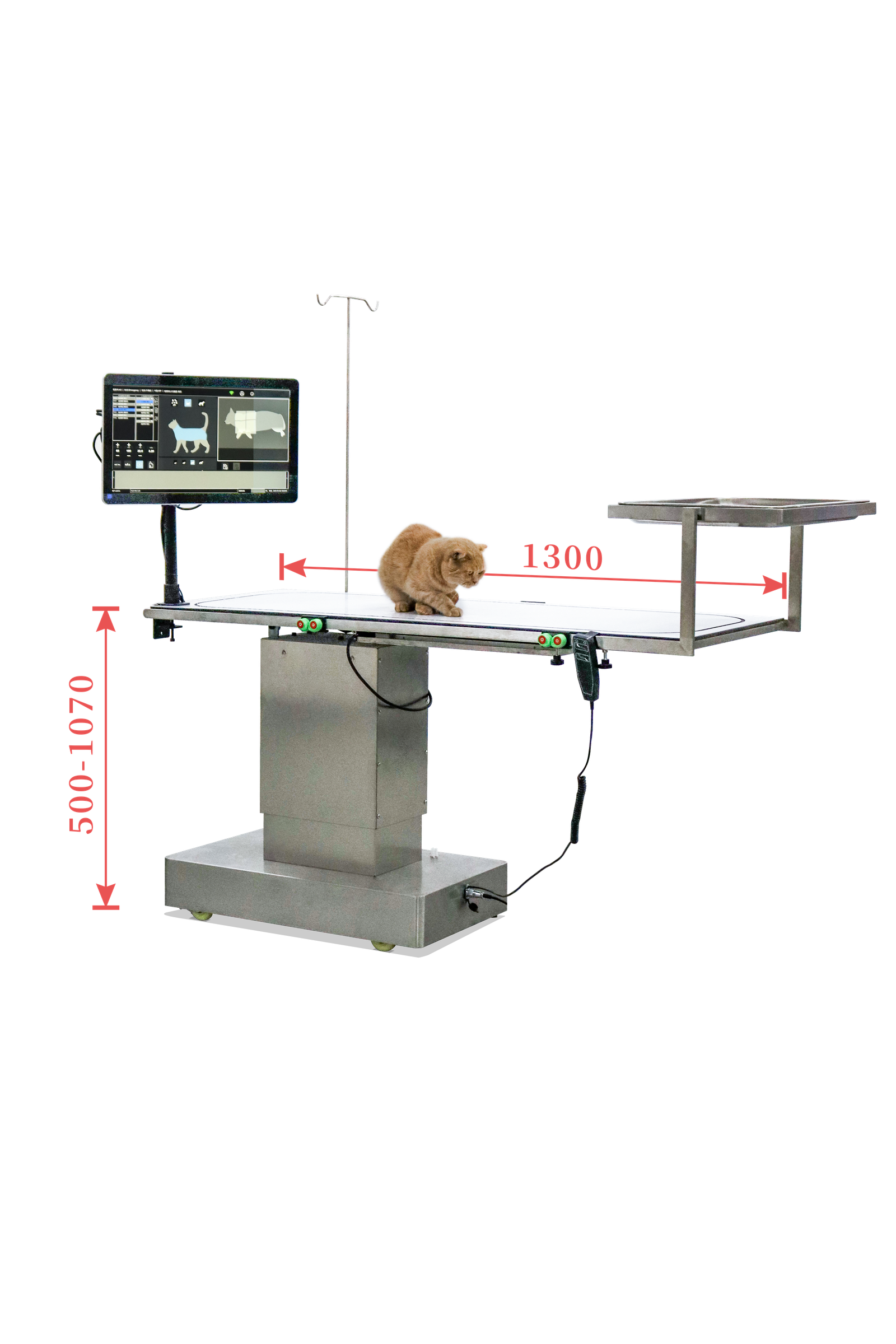 iToo-Sur surgical table dimensions — 1300 mm length, 500–1070 mm adjustable height