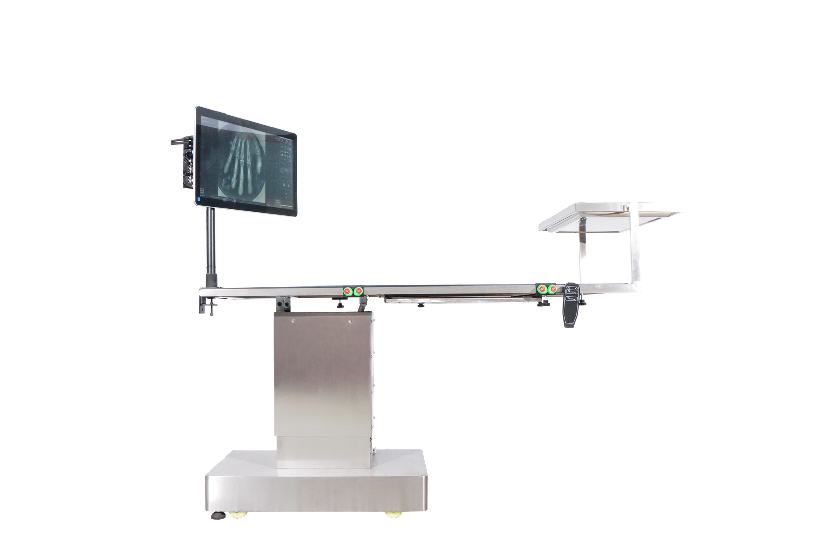 iToo-Sur surgical table digital X-ray system — side view with overhead diagnostic monitor