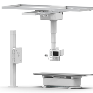 iVision-1000X ceiling-suspended tube + vertical bucky stand + X-ray table — full-suite DR configuration