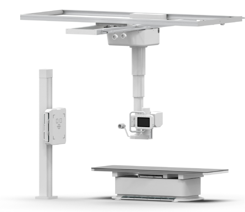 iVision-1000X ceiling-suspended tube + vertical bucky sta... iVision-1000X ceiling-suspended tube + vertical bucky stand + X-ray table — full-suite DR configuration