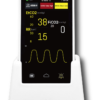 IWA-HM200 handheld veterinary capnograph and pulse oximeter seated in its charging cradle, 3.95-inch colour touchscreen showing EtCO2, FiCO2 and respiration-rate waveform