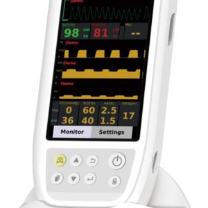 IWA-HM320 handheld veterinary anaesthetic gas monitor in charging stand, 5.5-inch 720P display showing CO2, N2O, agent (AA) and respiration-rate values with waveforms