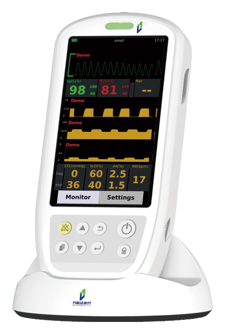 IWA-HM320 handheld veterinary anaesthetic gas monitor in charging stand, 5.5-inch 720P display showing CO2, N2O, agent (AA) and respiration-rate values with waveforms