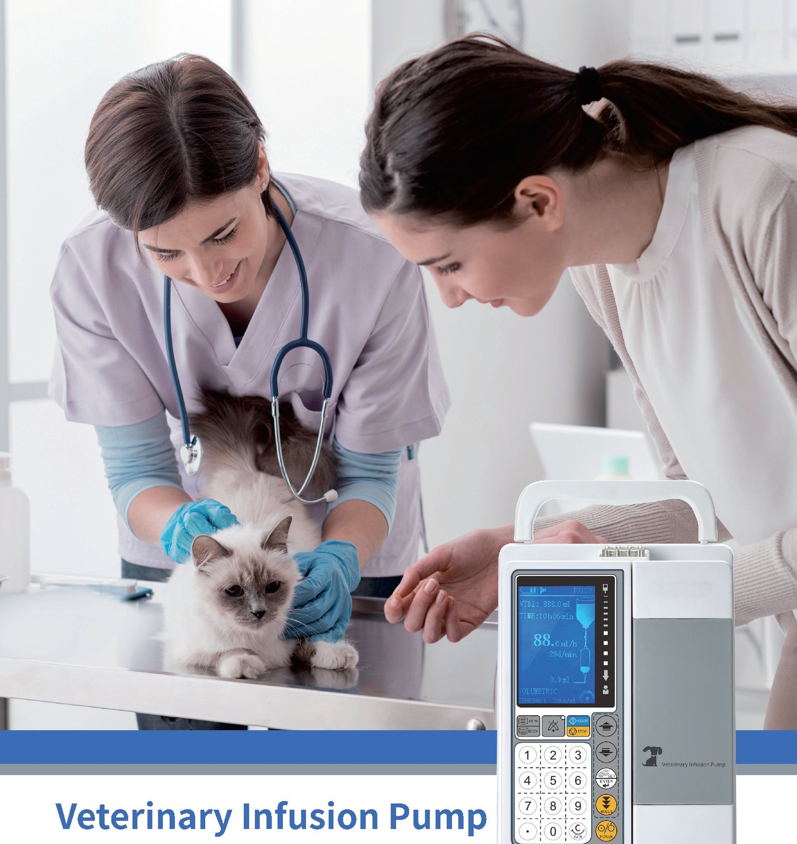 IWA-IP10 veterinary infusion pump in clinical use - two veterinarians examining feline patient with pump on stainless treatment table