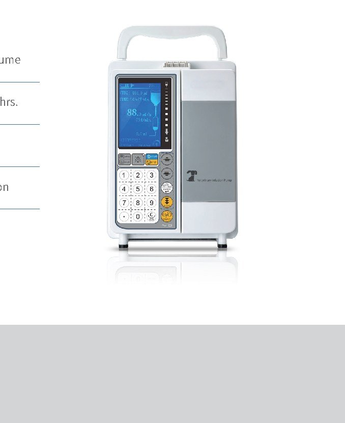 IWA-IP10 veterinary infusion pump product view - 3.2 inch color LCD, numeric keypad, BOLUS/START/STOP buttons, top carrying handle and integrated door for IV set loading
