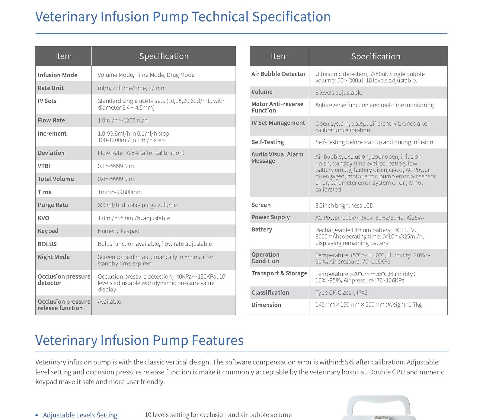IWA-IP10 full technical specification table - infusion mode, flow rate, VTBI, occlusion pressure detector, air bubble detector, battery, dimensions
