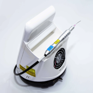 IWA-LAS10 Class IV veterinary laser therapy device — front view with handpiece and treatment fiber