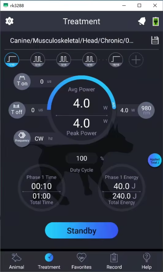 IWA-LAS10 treatment screen — power, phase time, and energy parameters