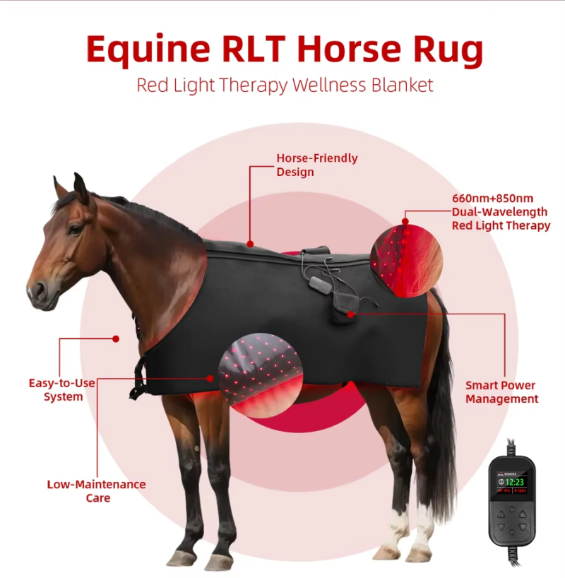 IWA-RLT10 wireless equine red light therapy blanket — horse-friendly design, dual-wavelength 660 + 850 nm, smart power management