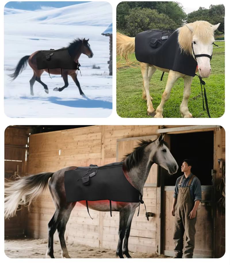 IWA-RLT10 wireless red light therapy blanket fitted on multiple equine patients