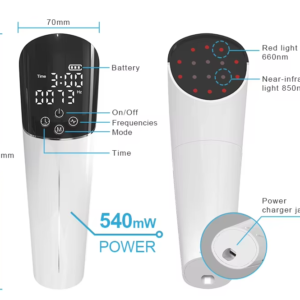 IWA-RLT40 handheld red light therapy device — labelled diagram with dimensions, controls, 660 nm + 850 nm output, and 540 mW power