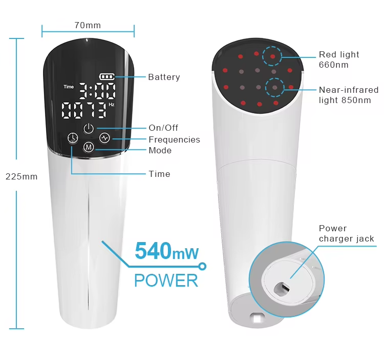 IWA-RLT40 handheld red light therapy device — labelled diagr IWA-RLT40 handheld red light therapy device — labelled diagram with dimensions, controls, 660 nm + 850 nm output, and 540 mW power