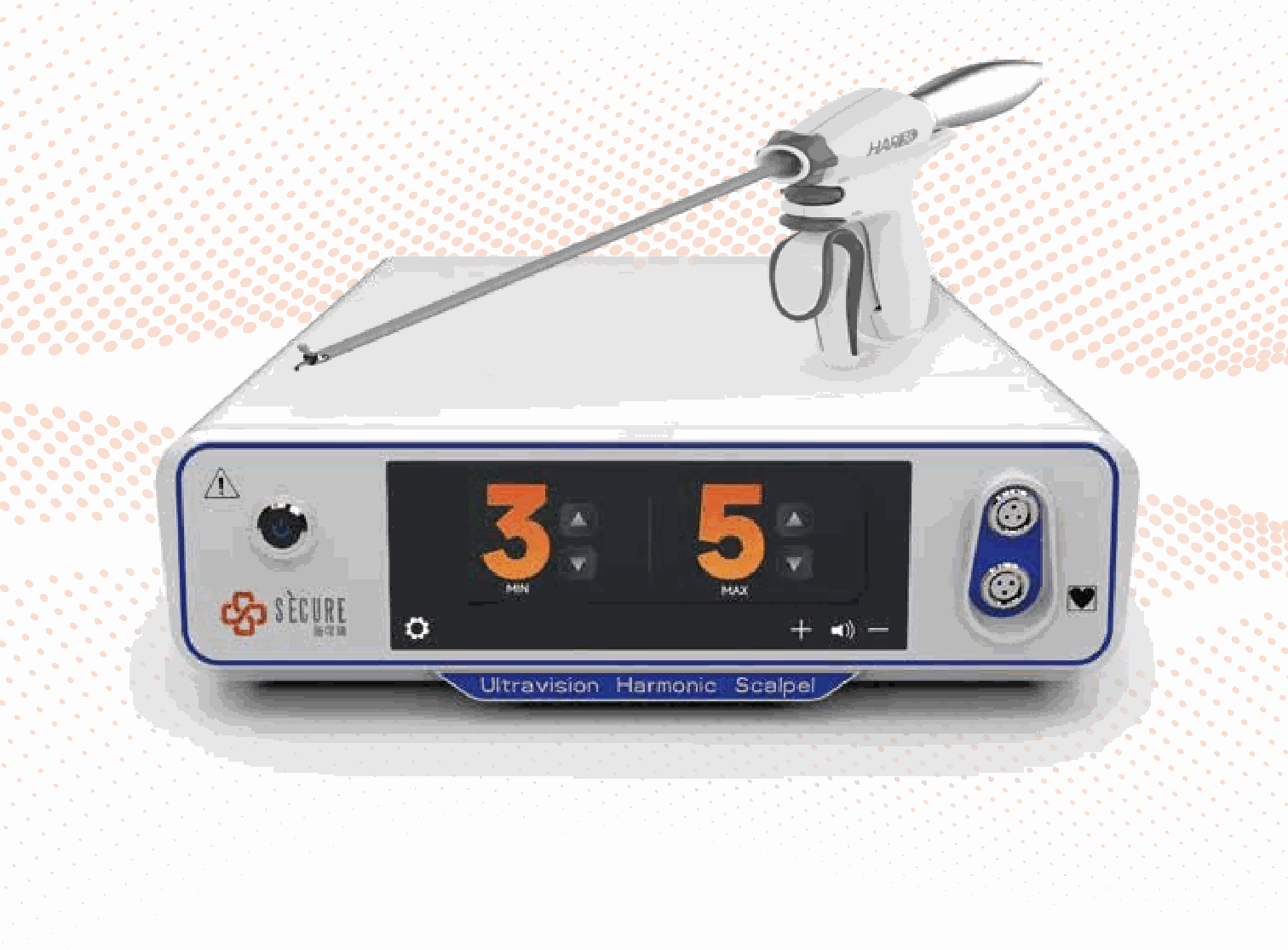 IWA-SG12 veterinary ultrasonic harmonic scalpel system - generator with HAR36 pistol-grip handpiece, long shaft and curved titanium blade, front panel showing MIN and MAX power level display