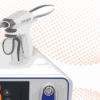 IWA-SG12 HAR36 ultrasonic harmonic scalpel handpiece detail - pistol-grip handle, 360-degree rotation wheel, trigger and curved titanium working blade