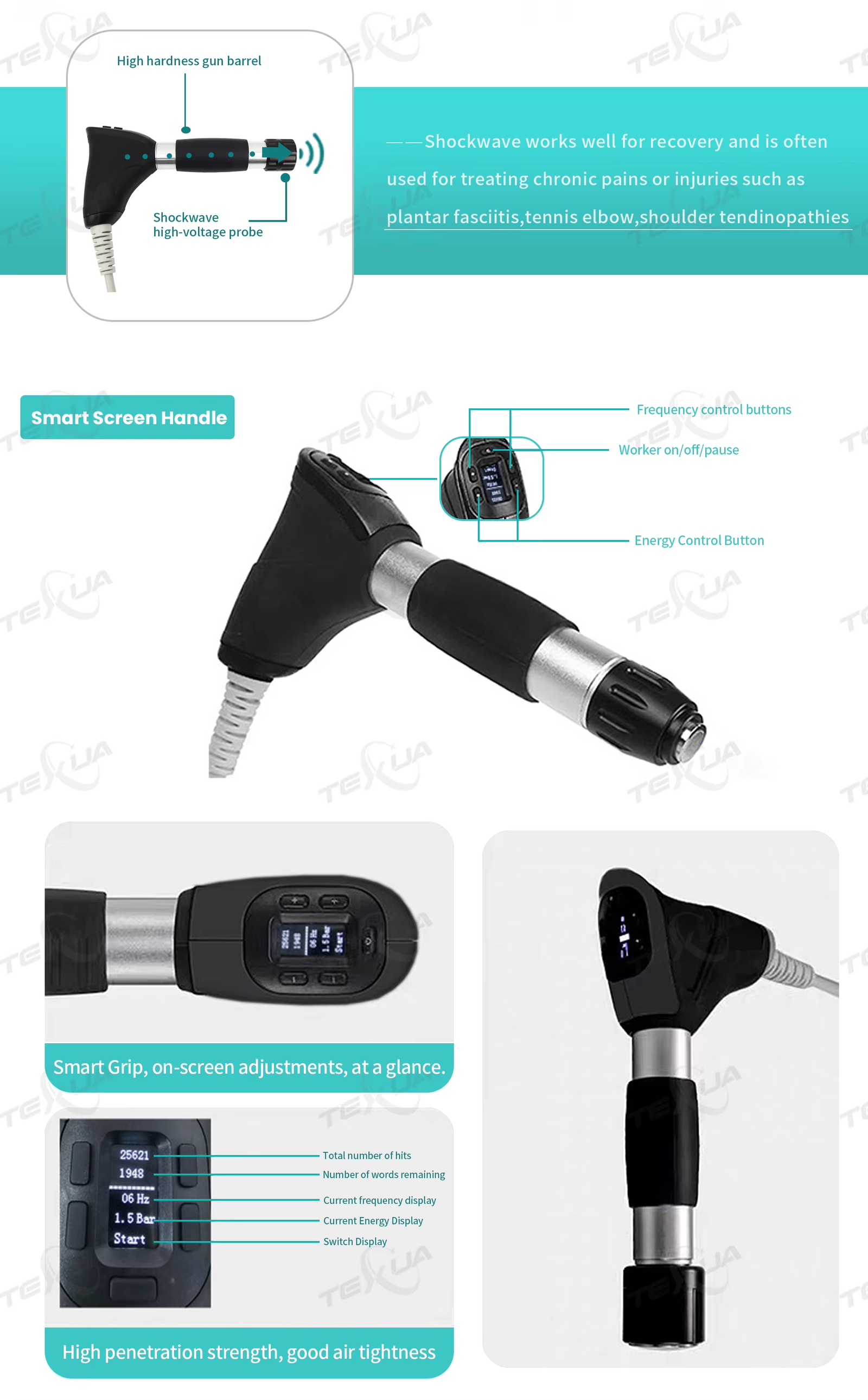 IWA-SWT10 Compact Portable Pneumatic Shockwave Therapy System (12 Bar) — handle detail