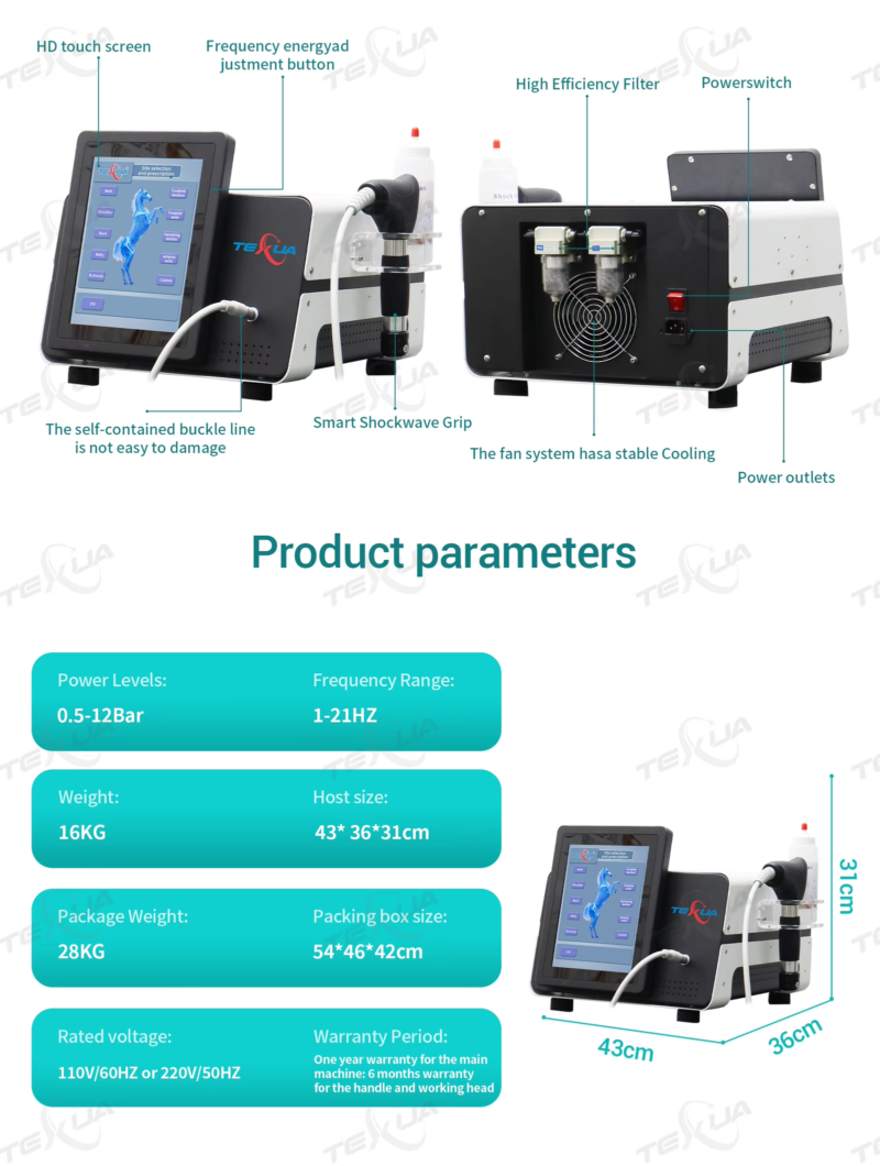 IWA-SWT10 product parameters — power 0.5-12 Bar, frequency 1-21 Hz, 16 kg, 43×36×31 cm