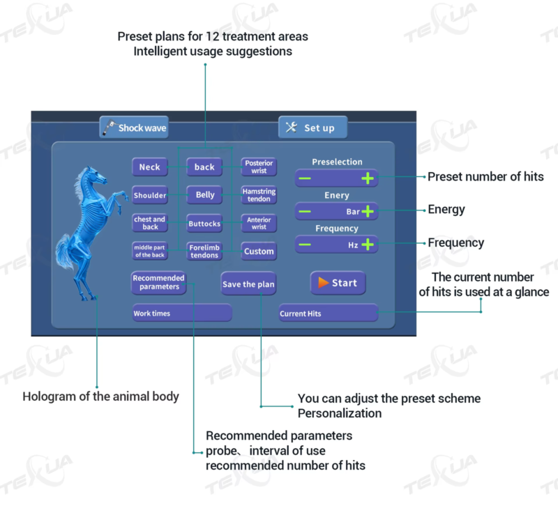 IWA-SWT20 software interface — 12 preset treatment areas with animal hologram, adjustable energy / Bar / Hz