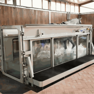 IWA-TM10 equine underwater treadmill — full unit with sliding doors, viewing windows, and integrated platform