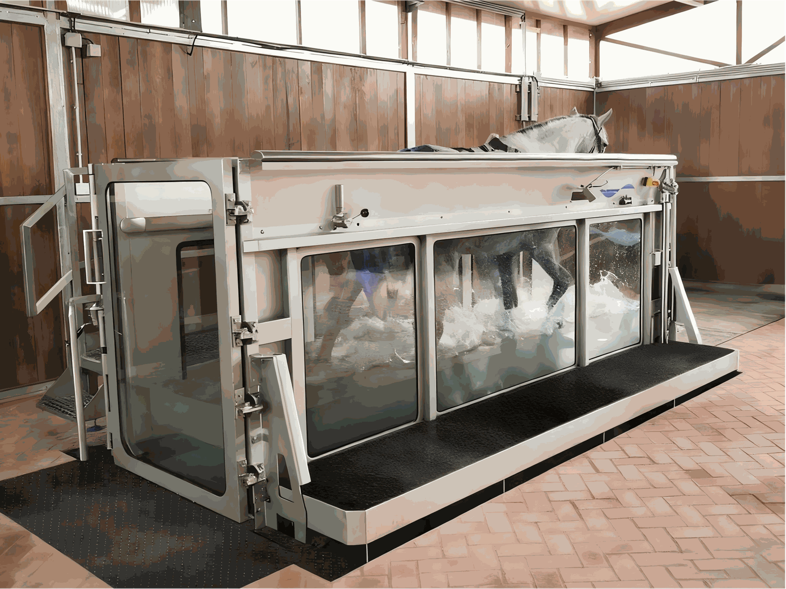 IWA-TM10 equine underwater treadmill — full unit with sliding doors and viewing windows