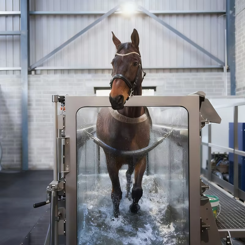 IWA-TM10 — horse in underwater treadmill, side view through transparent panel