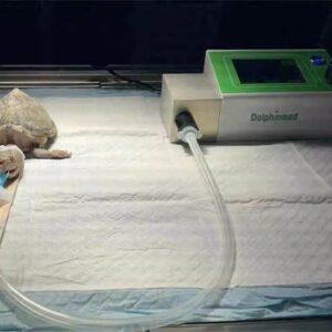 IWA-Ven10 small-animal and exotic veterinary ventilator in clinical use - compact unit connected to a juvenile turtle / reptile patient on a recovery pad