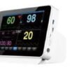 IWA-VM11 10.1-inch portable veterinary multi-parameter monitor - front view of large-font touch screen showing heart rate, SpO2, respiration and NIBP readings, with side data ports and hidden lift handle