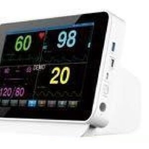IWA-VM11 10.1-inch portable veterinary multi-parameter monitor - front view of large-font touch screen showing heart rate, SpO2, respiration and NIBP readings, with side data ports and hidden lift handle
