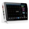 IWA-VM11 veterinary monitor - angled view showing full ECG waveform display and left-side electrode connection ports for ECG, SpO2, NIBP and temperature