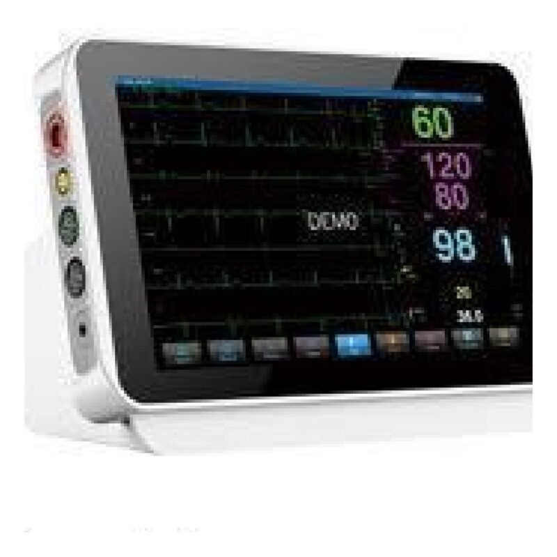 IWA-VM11 veterinary monitor - angled view showing full ECG waveform display and left-side electrode connection ports for ECG, SpO2, NIBP and temperature