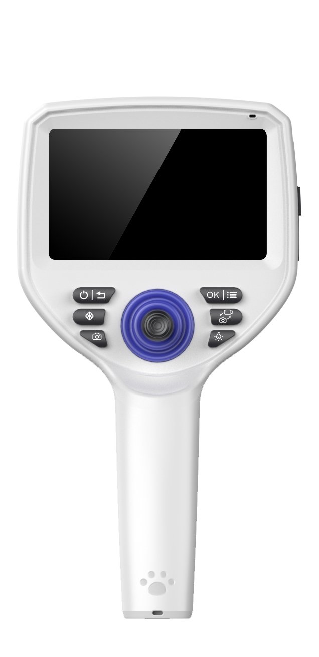 SA-Pro veterinary endoscope handpiece — front face view showing 5-inch display and joystick control