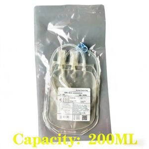 Veterinary disposable blood bag, 200 mL, sealed in its outer pouch with transfer tubing, roller clamp and twin spike ports