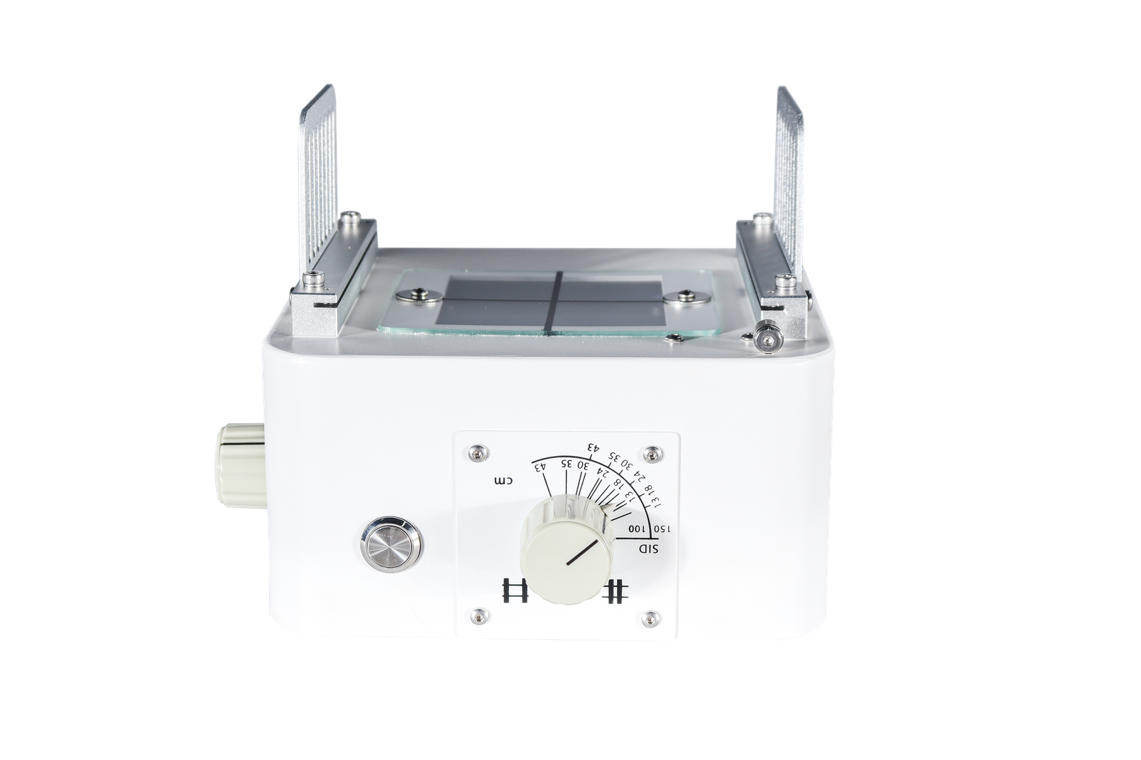 Manual X-ray collimator front view with light field window, cross-hair and the SID and field size dial