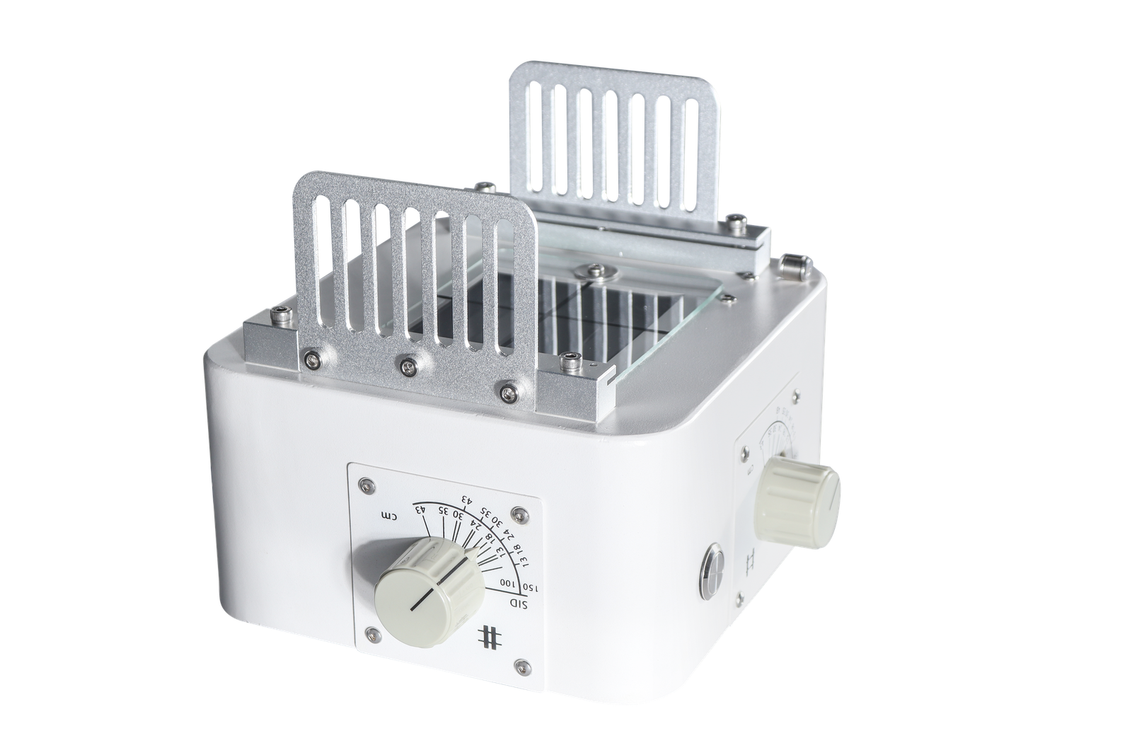 Manual X-ray collimator with mounting leaf plates raised, showing the field size scale marked 13, 18, 24, 30, 35 and 43 cm and SID settings of 100 and 150 cm