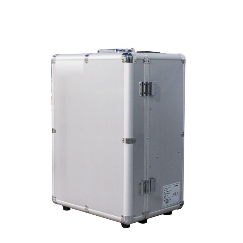 Portable veterinary dental unit closed in its aluminium trolley case with telescopic handle and corner protection