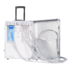 Portable veterinary dental unit in its trolley case, opened to show the water bottle, pressure gauge, air and water switches, scaler control and handpiece tubing