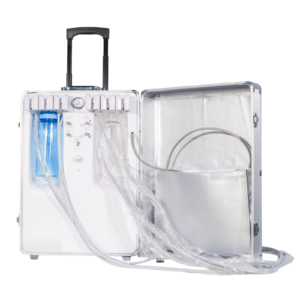 iwa-du10-open-2026 Portable veterinary dental unit in its trolley case, opened to show the water bottle, pressure gauge, air and water switches, scaler control and handpiece tubing