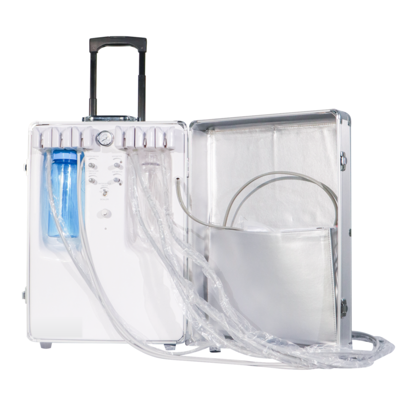 Portable veterinary dental unit in its trolley case, opened to show the water bottle, pressure gauge, air and water switches, scaler control and handpiece tubing