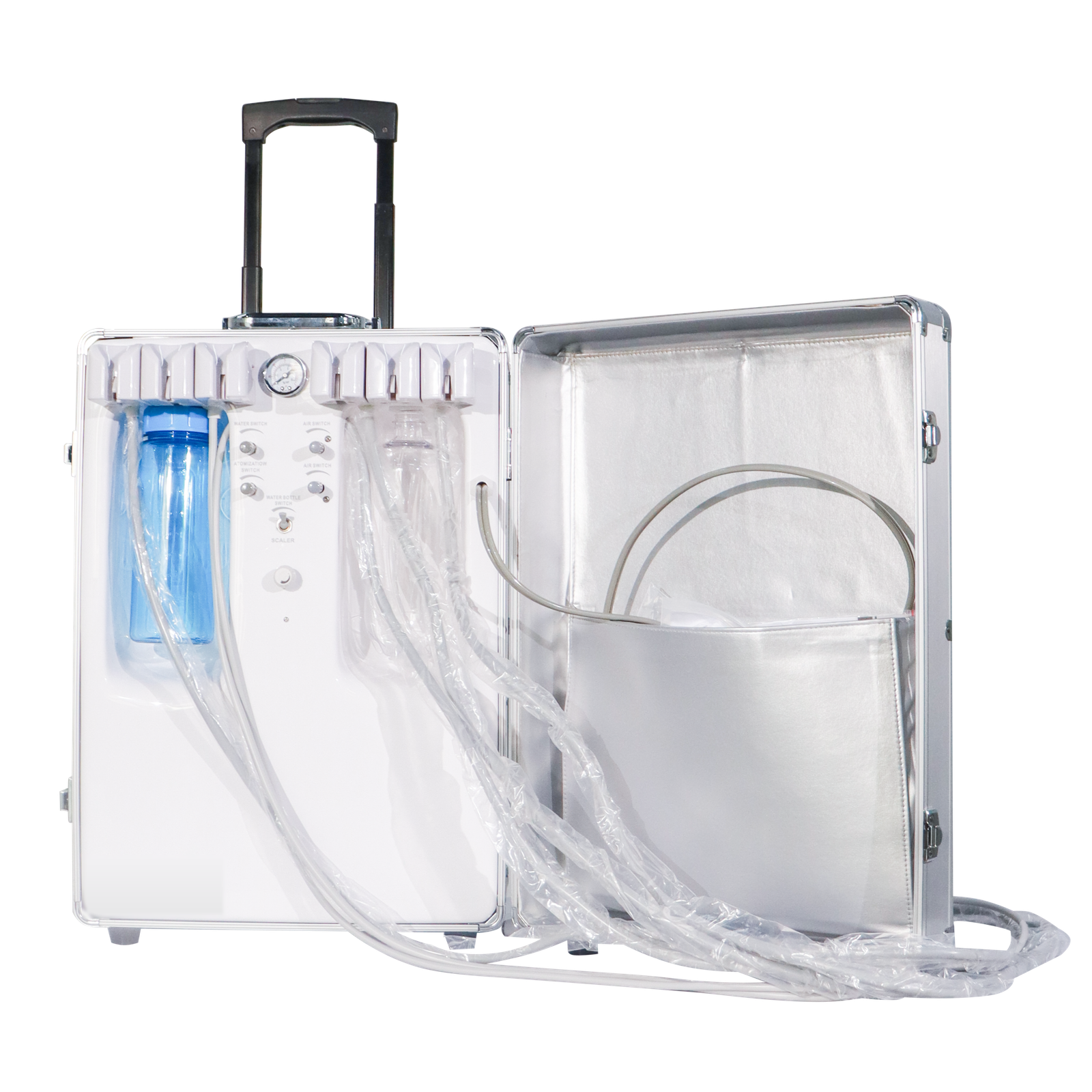 Portable veterinary dental unit in its trolley case, opened to show the water bottle, pressure gauge, air and water switches, scaler control and handpiece tubing