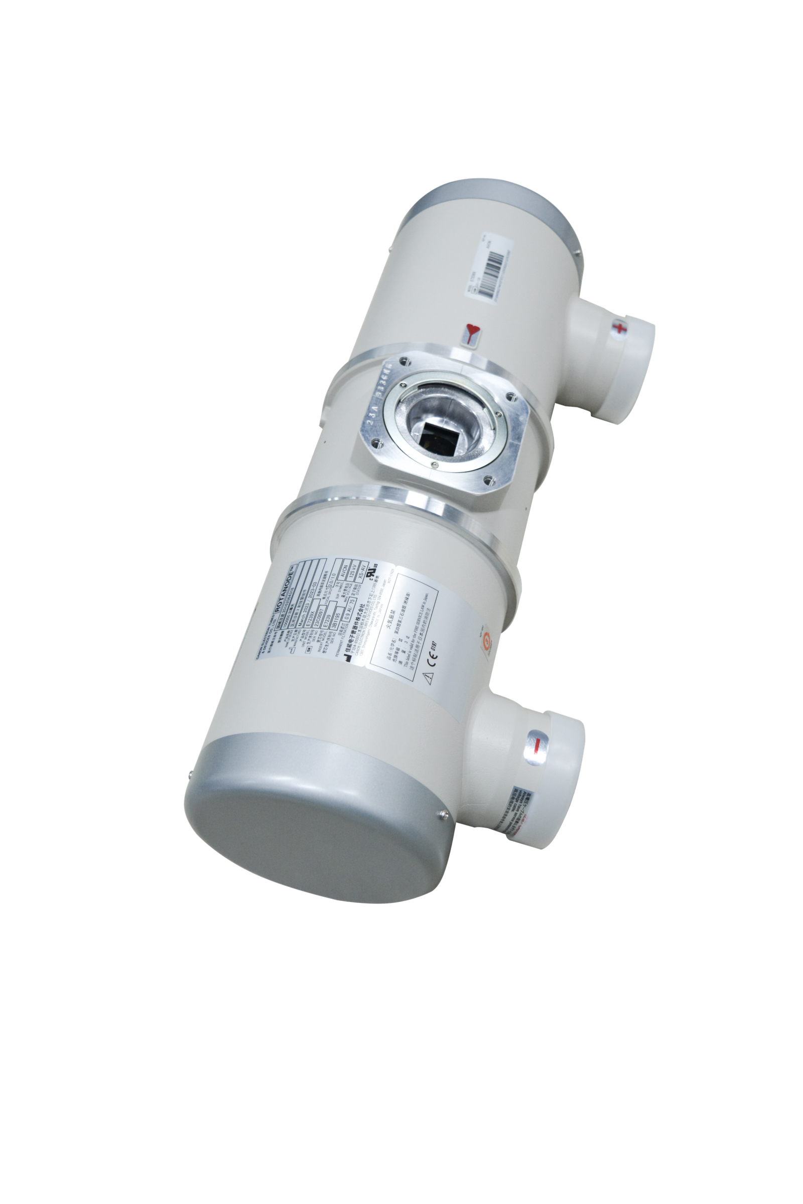 Canon E7239X rotating anode X-ray tube assembly - three-quarter view showing the ROTANODE rating label, beam port and both high-voltage receptacles