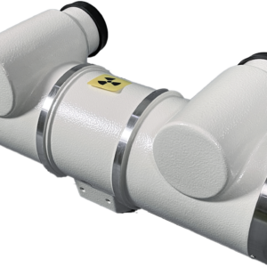 LQ16-XD51-20.40/125 rotating anode X-ray tube assembly - three-quarter view with radiation warning label and both high-voltage receptacles